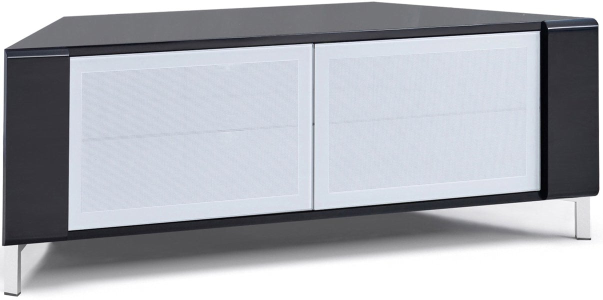 MDA Designs CORVUS Corner-Friendly Gloss Black Contemporary Cabinet with Black Profiles White BeamThru Glass Doors for Flat Screen TVs up to 50"