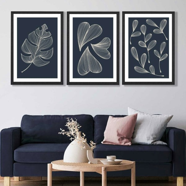 Set of 3 Dark Blue Minimal Sketch Leaves  Art Prints in Black Frames | Artze UK