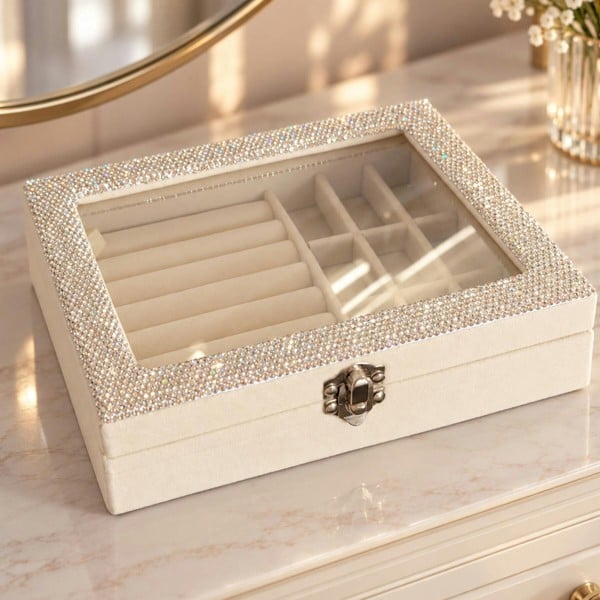 Love EMVY Sparkly Crystal Jewellery Box with Ring Rolls & Compartments