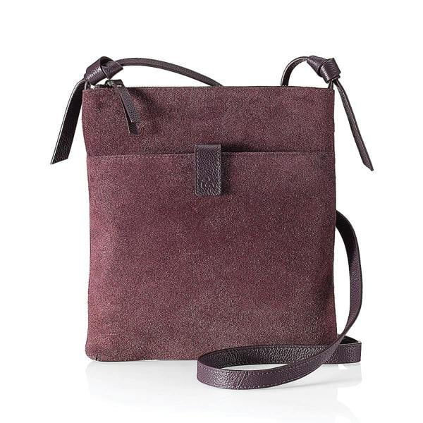 Pia Purple Suede Cross-Body Bag, Compact Plum Bag with Leather Trim