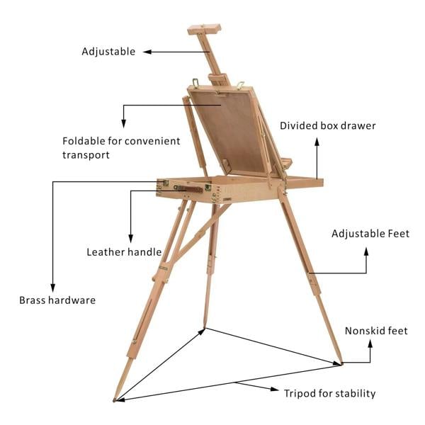 Wooden tripod sketch easel with divided box drawer and adjustable feet
