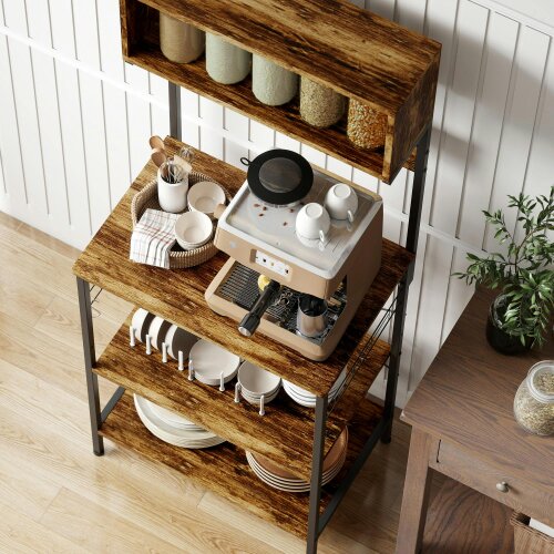 Wyld Haus Raco Kale Wooden Rustic Brown Bakers Rack With Power Outlet USB Charging And Adjustable Shelves