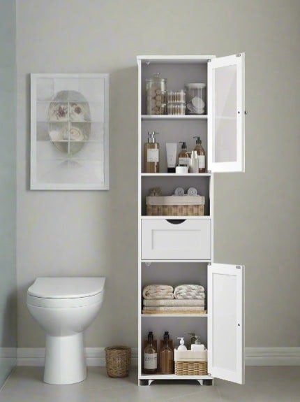 Tall cloud white bathroom cabinet with drawer, glass door, and open shelf – ideal for modern bathrooms

