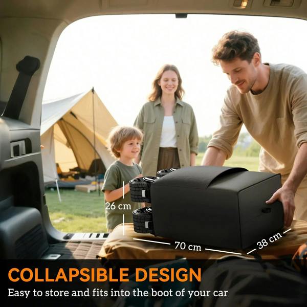 Black folding wagon cart with padded side panels in a car trunk cargo area