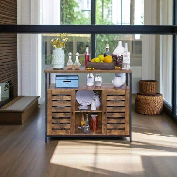 Modcraft Rustic Floor Standing Cabinet with Louvred Doors – Kitchen Storage Cupboard with Shelves, Industrial Style