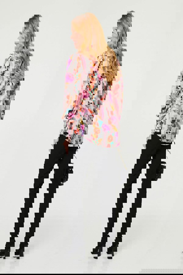 Pink | Abstract Floral Long Puff Sleeve Shirt
