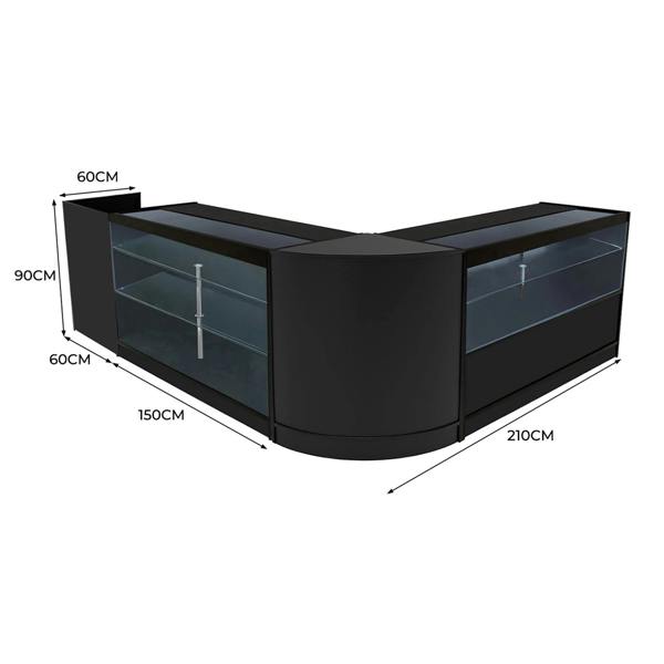 Vega LED Shop Counter Set in sleek black, featuring glass display shelves and a modern curved design, ideal for retail spaces