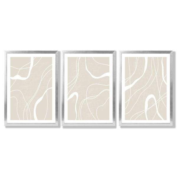 Set of 3 Abstract Neutral Beige Framed Art Prints with Silver Wood Frames