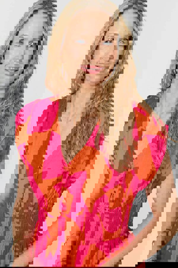 Pink | Abstract Cap Sleeve Shirred Midi Dress