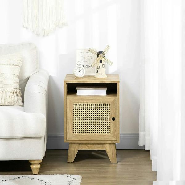 Natural wood narrow nightstand with rattan door panel, open shelf, and black round knob