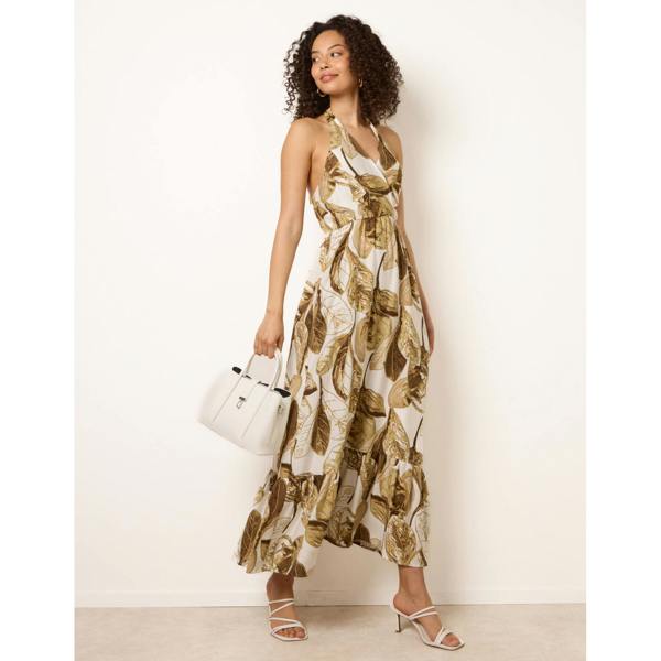 Blue Vanilla Leaf Print Halter Neck Dress