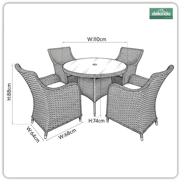 Dellonda Chester 5-Piece Rattan Wicker Outdoor Dining Set with Tempered Glass Table Top, Brown - DG84