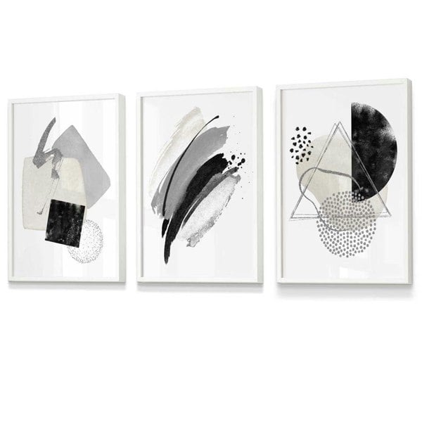 Abstract Grey Black and Silver Set of 3 Framed Wall Art Prints | Artze Wall Art UK