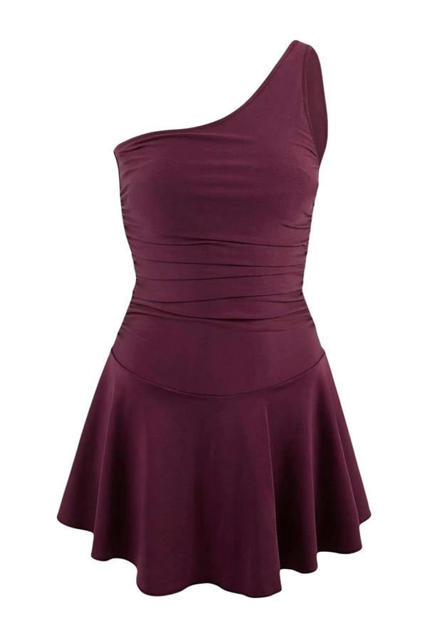 WOVCOR One-Shoulder Covered Short Skirt Basic Swimsuit