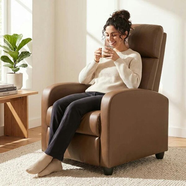 Recliner Armchair, Massage Faux Leather Push Back Reclining Chair with Adjustable Leg Rest, Side Pocket, Dark Brown