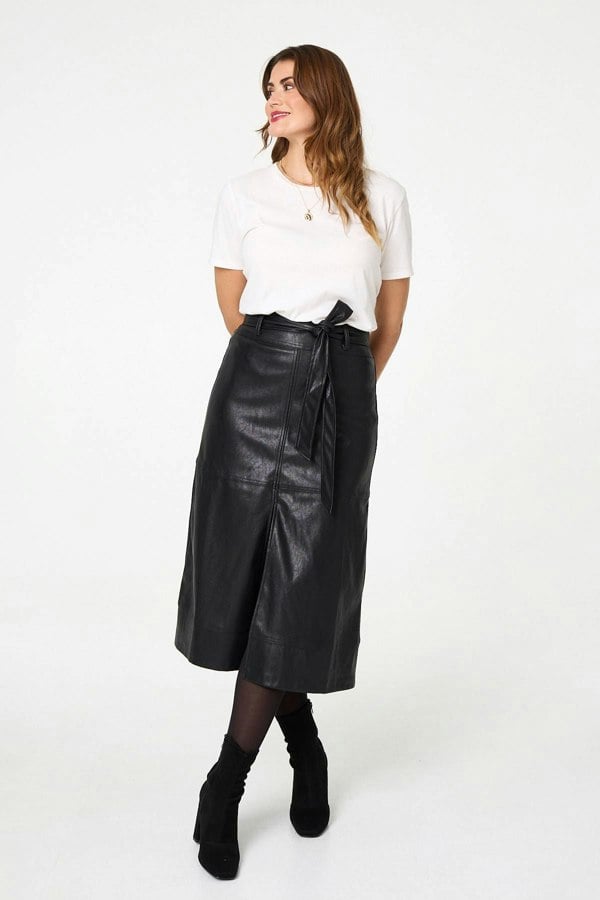 Black | Faux Leather Tie Waist A-Line Midi Skirt