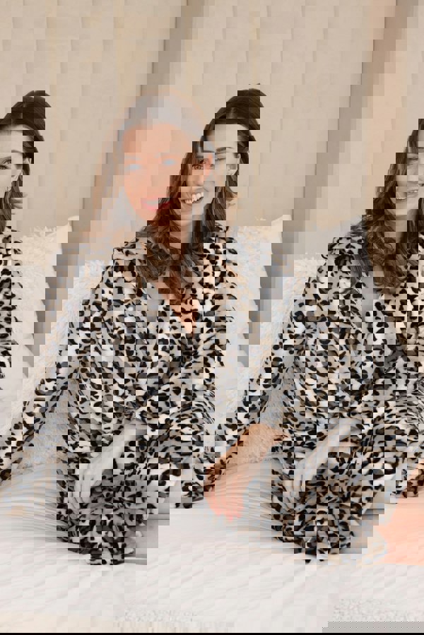 Camille Women's Brown Snow Leopard Supersoft Fleece Hooded Calf Length Bathrobe