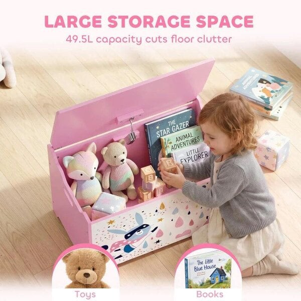 Storage Chest, Wooden Toy Chest with Lid, Flip-Top, Security Hinges and Anti-Pinch Design for Kids, Pink