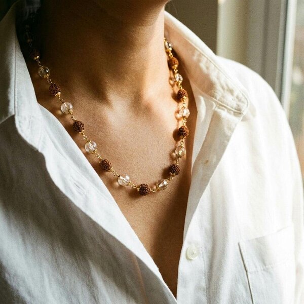 The Colourful Aura 18ct Gold Plated Rudraksha & Crystal Beaded Spiritual Necklace