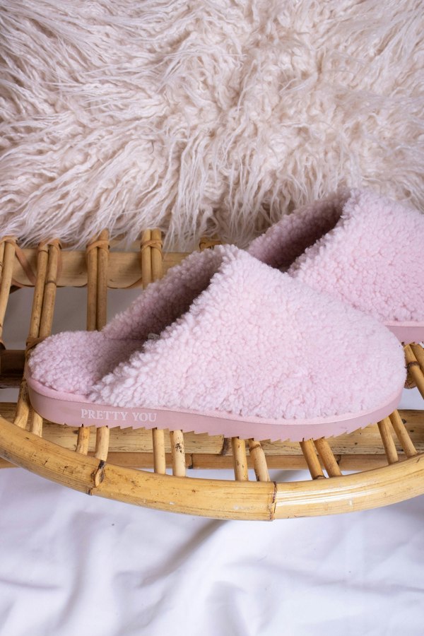 Jude luxury women's mule slippers in rose pink with warm sheepskin lining from Pretty You London