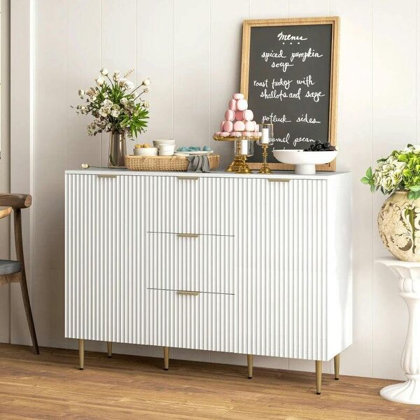 2-Door Sideboard with 3 Drawers and Adjustable Shelves - White