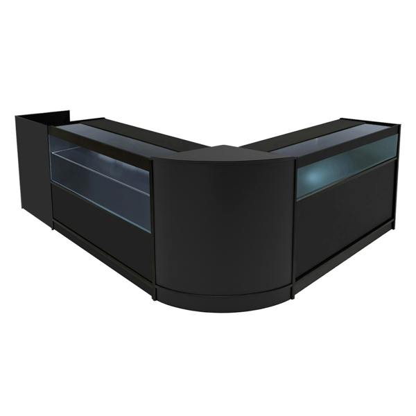 Gravity LED Shop Counter Set in sleek black, featuring curved and straight sections with glass display panels for visibility and style