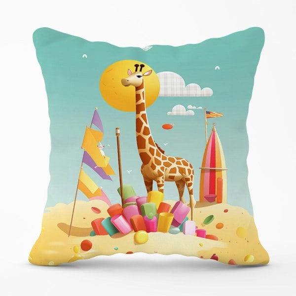 Warren Reed A Giraffe On A Beach Holiday Cushions