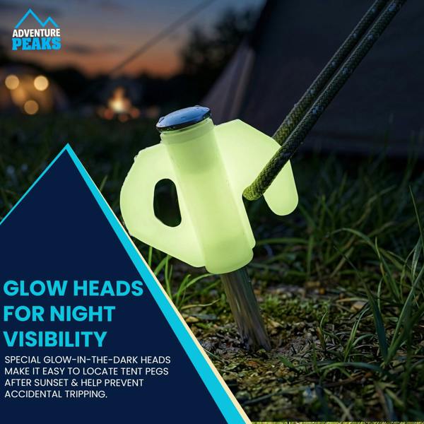 Adventure Peaks Steel Tent Pegs with Glow Heads - Set of 20 Zinc Plated Metal Ground Pegs with Peg Puller, Camping & Gazebo Pegs