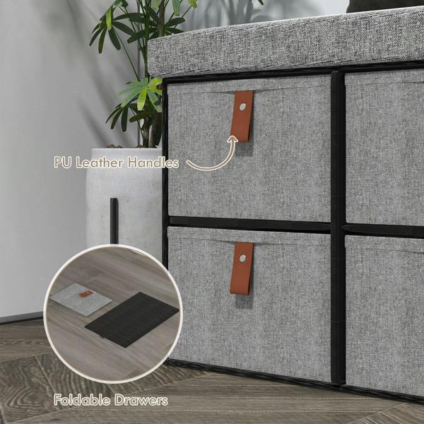 Light grey fabric shoe storage bench showing PU leather handles and foldable drawer fronts