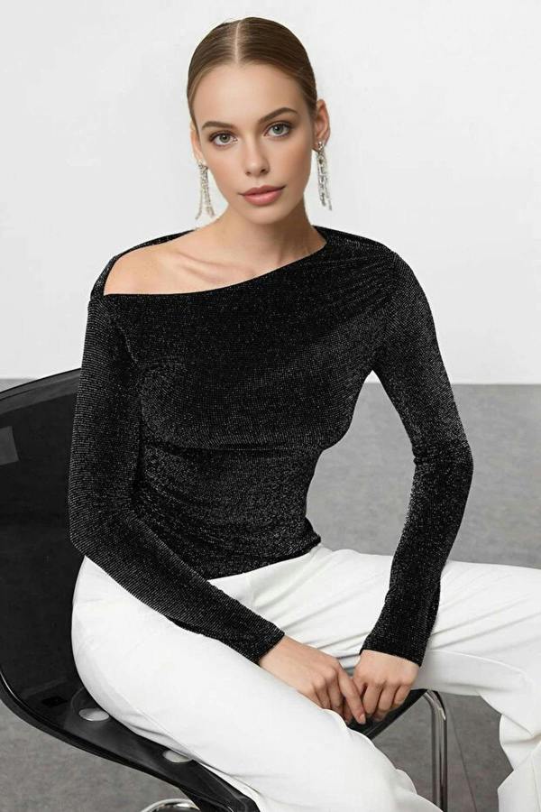 WOVCOR Asymmetrical Collar Glittery Knit Chic Party Blouse
