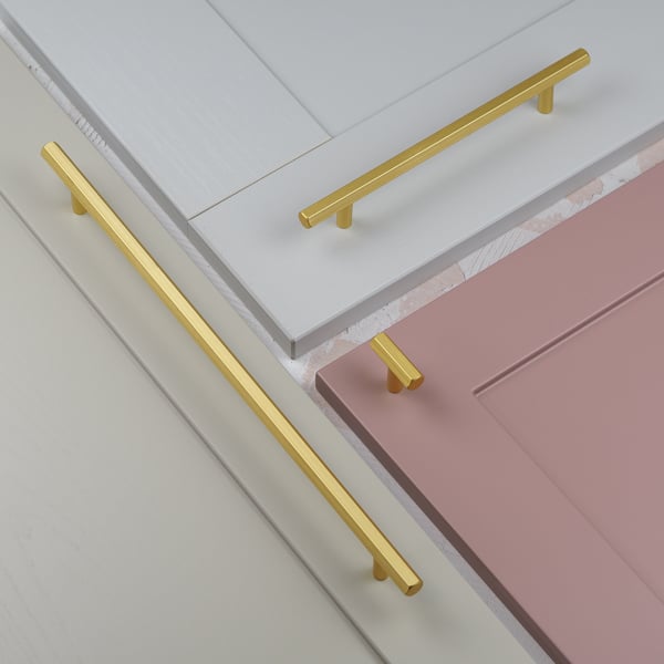 Handle & Home Brushed Brass Gold Hexagon Cabinet Handles and Coordinating T-Bar Knob