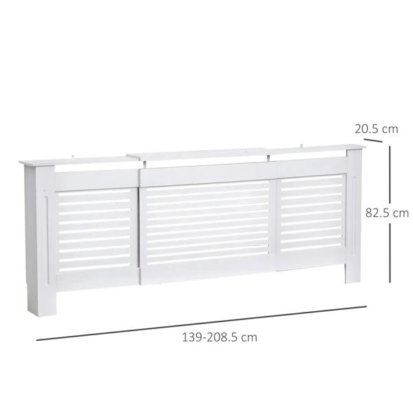 White extendable radiator cover cabinet with horizontal slat front, front view with dimensions