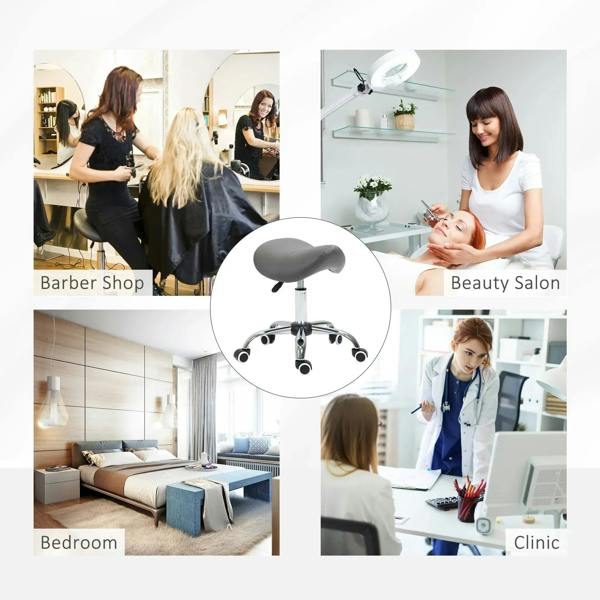 Grey saddle stool shown for salon, beauty, bedroom, and clinic seating setups