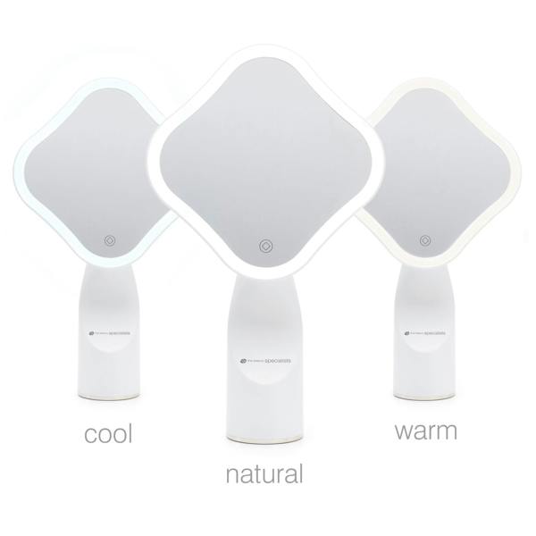 Three Rio Illuminated Full Size Beauty Mirrors are arranged side by side: the left shines with cool white light, the center displays natural light, and the right glows warm yellow. Each is labeled: “cool,” “natural,” and “warm.”.