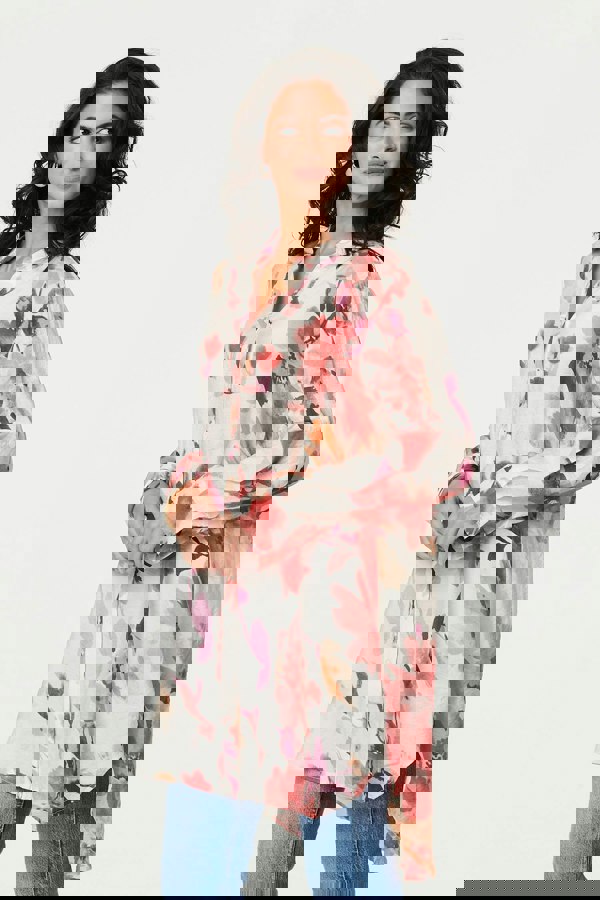 Pink | Floral Long Sleeve Longline Shirt Dress
