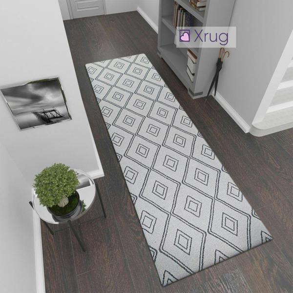 Runner Rug Geometric 100% Cotton Washable Woven Carpet Natural Diamond Patterned Mat - 75x300cm - Cream Runner
