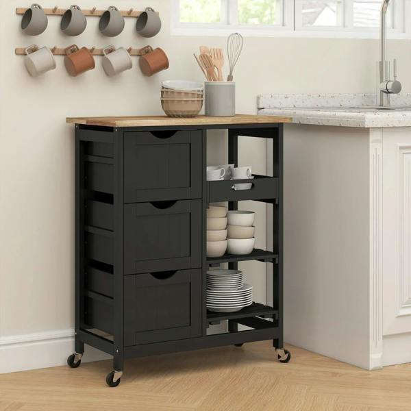 Black kitchen cart with wood top, drawer fronts, and open storage shelves on wheels