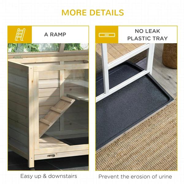 Two-tier wooden hutch with ramp and enclosed base tray area, side detail