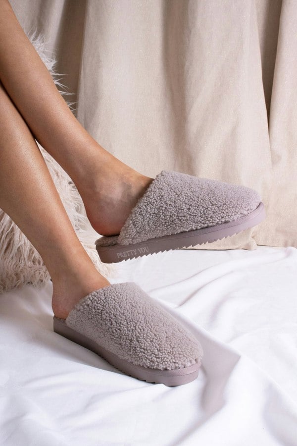 Jude luxury women's mule slippers in truffle with warm sheepskin lining from Pretty You London