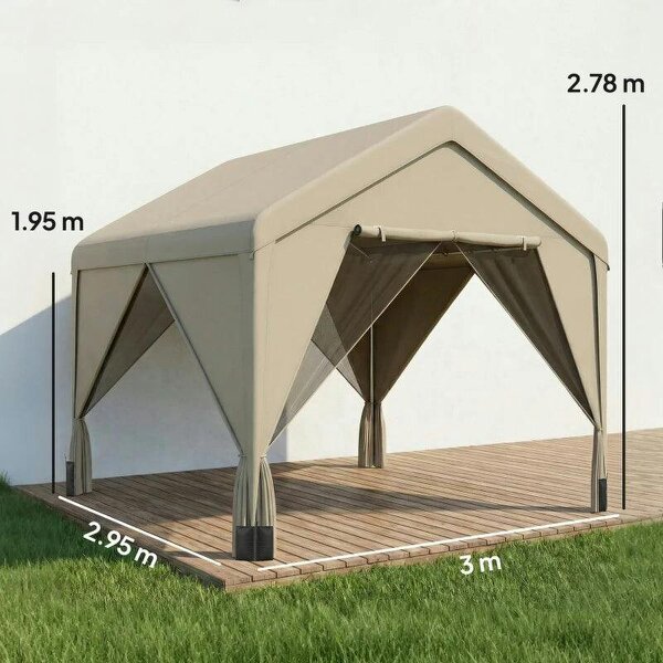 3 x 3 m Patio Gazebo with Netting & Curtains, Outdoor Canopy Shelter with Galvanised Steel Frame, Khaki