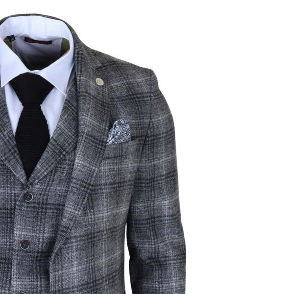 Infinity Leather Men's Formal Grey Tweed  3 Piece Check Vintage Gatsby Style Suit
