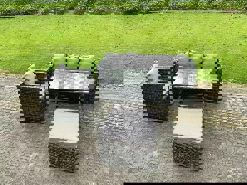 Fimous Rattan Outdoor Furniture Garden Dining Set with Oblong Dining Table Armchair Big Footstool Dark Grey Mixed