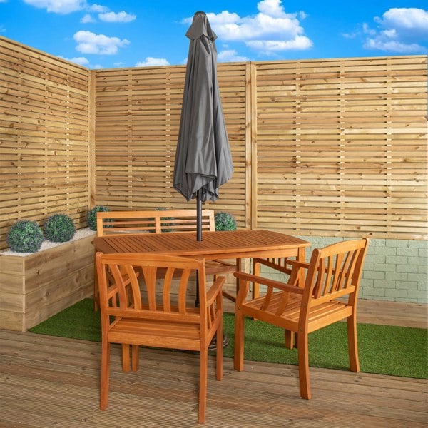 Samuel Alexander Outdoor 4 Person Rectangular Wooden Dining Table, Bench & 2 Chairs with Grey Havana Parasol & Base