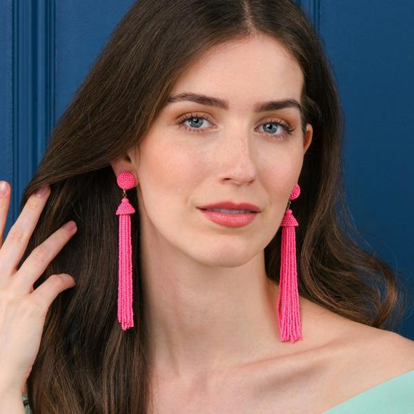 Zavana Long Bright Pink Beaded Tassel Earrings for Women
