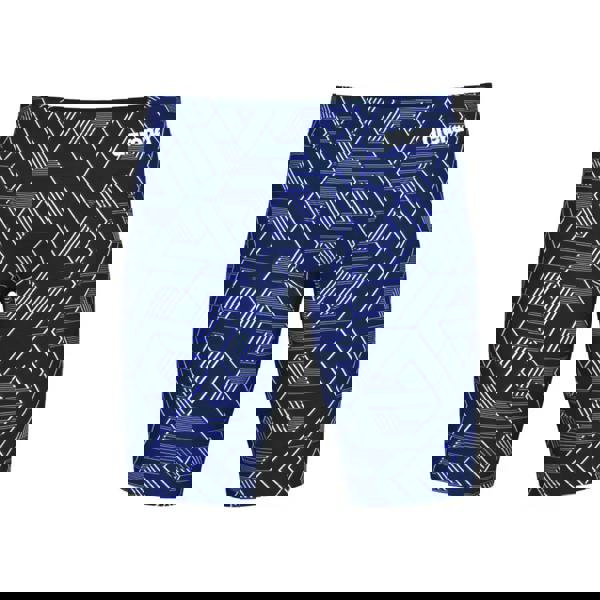 Navy Arena Escape swim jammer with blue geometric trunks and white logo