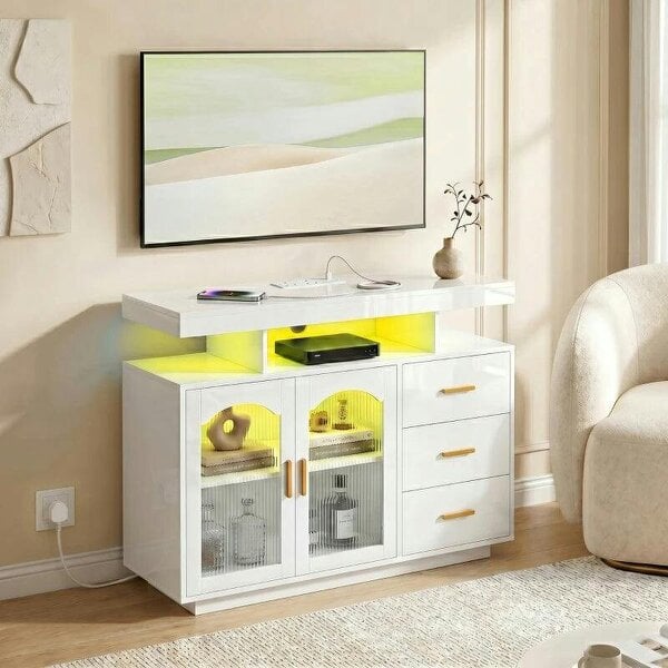 High Gloss Sideboard with LED Lights, Built-in Power Outlets, 3 Drawers, Shelves and 2 Acrylic Doors, White