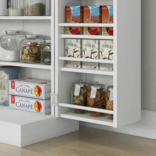 Open white kitchen cupboard interior with multiple shelves and packaged pantry items