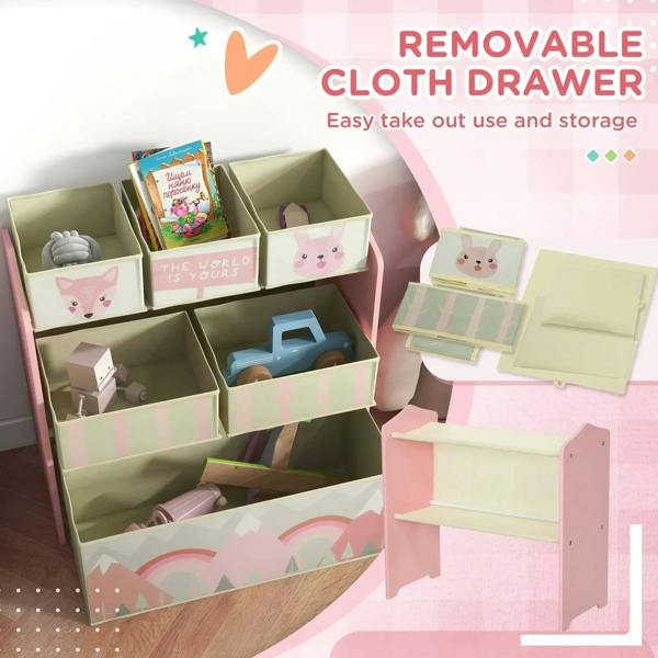 Pink kids storage organizer with removable fabric drawers and open toy compartments