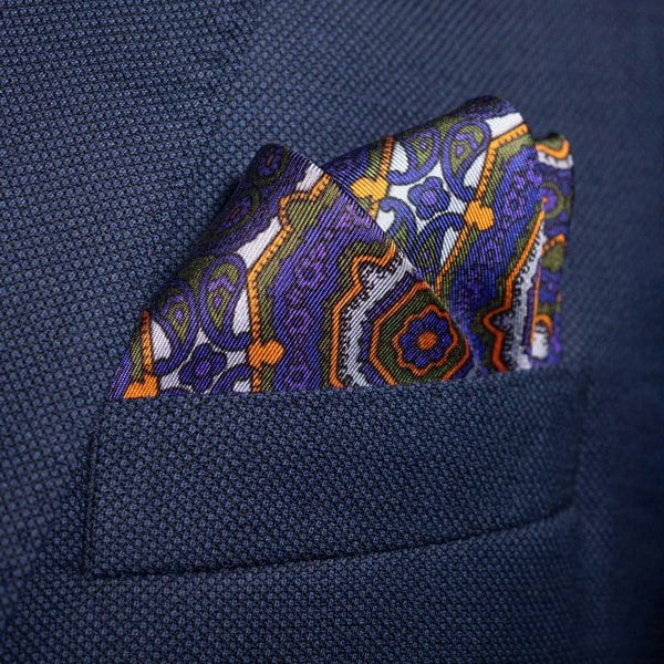 Otway & Orford 'Whirligig' medallion silk pocket square - blue, orange & green (42x42cm)