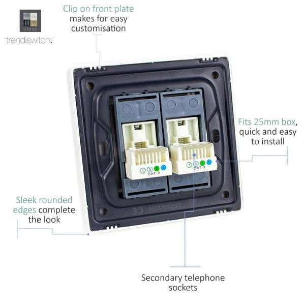 Trendi Switch 2 Gang Cat 3 Telephone Slave Socket in Ice White
